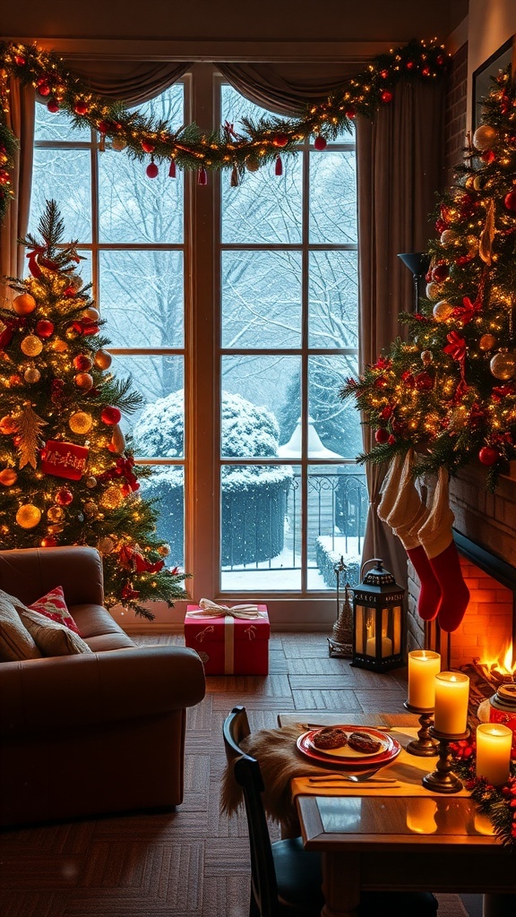 Christmas Aesthetic Greetings Cozy Christmas living room with a decorated tree, fireplace, and snow outside.